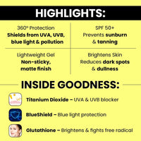 360 Block Sunscreen Gel SPF 50+ - protects from UVA, UVB, INFRA-RED RADIATION (IR), BLUE LIGHT & ATMOSPHERIC POLLUTANTS