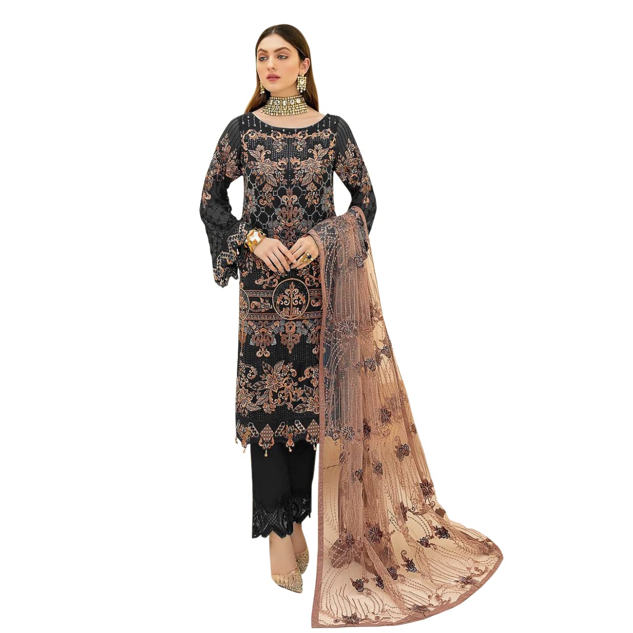 Miss Ethnik Women's  Faux Georgette Semi Stitched Top With Unstitched Santoon Bottom and Net Dupatta Embroidered Straight Top Dress Material (Pakistani Salwar Suit)