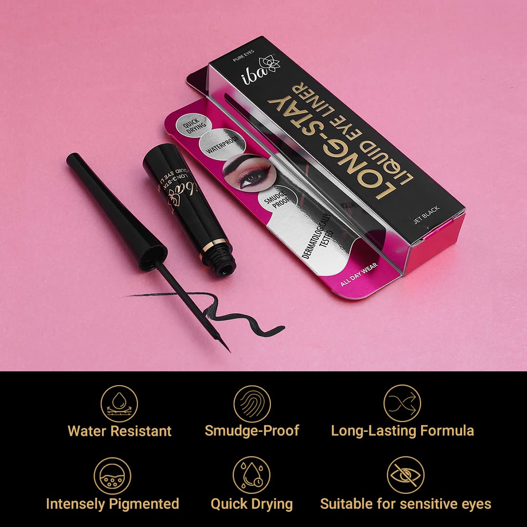 Iba Long Stay Liquid Eyeliner & All Day Kohl Kajal daily Eye Makeup Combo (Black) - Matte Finish | One Stroke Application | Quick Drying | 24Hr Long Lasting | Waterproof & Smudge Proof