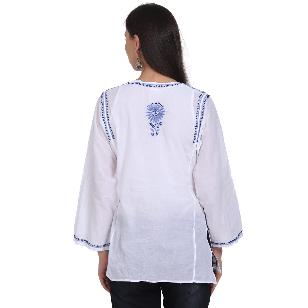 Paramount Women's  Chikankari Cotton White Straight Short Kurta Navy XS