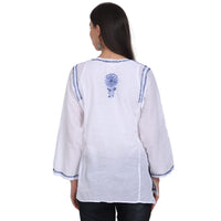 Paramount Women's  Chikankari Cotton White Straight Short Kurta Navy XS