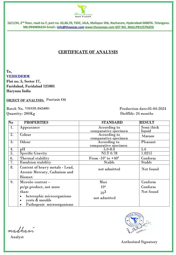 VEDICDERM Oleander Psoriasis Skin Care Oil Natural, Steroid-Free Formula for Dry, Itchy, and Flaky Skin Helps Soothe Irritation, Redness, & Promote Hydration, Suitable for Daily Use (200ml Pack of 1)