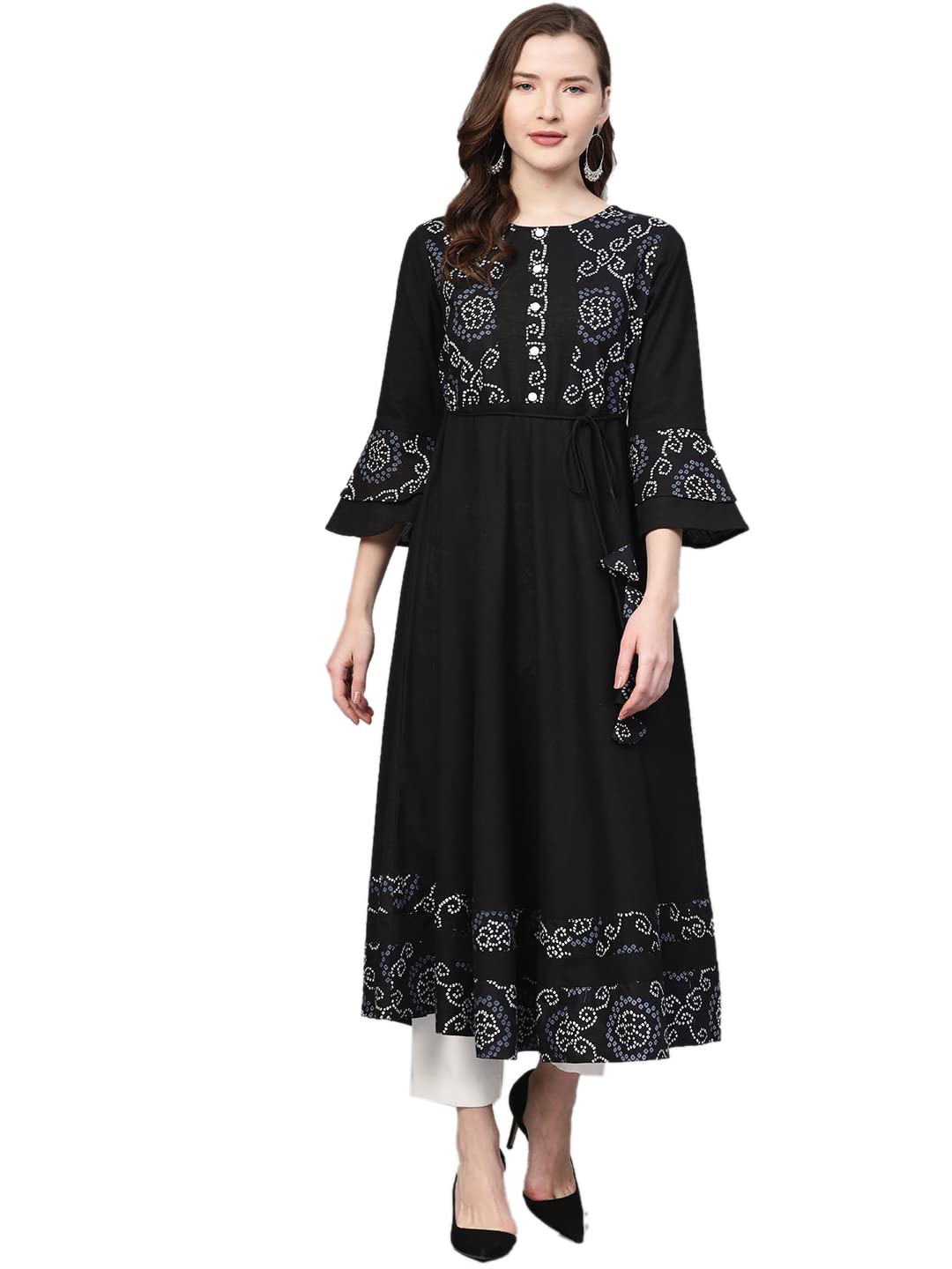 Yash Gallery Women's  Cotton Slub Bandhej Printed Anarkali Kurta for Women
