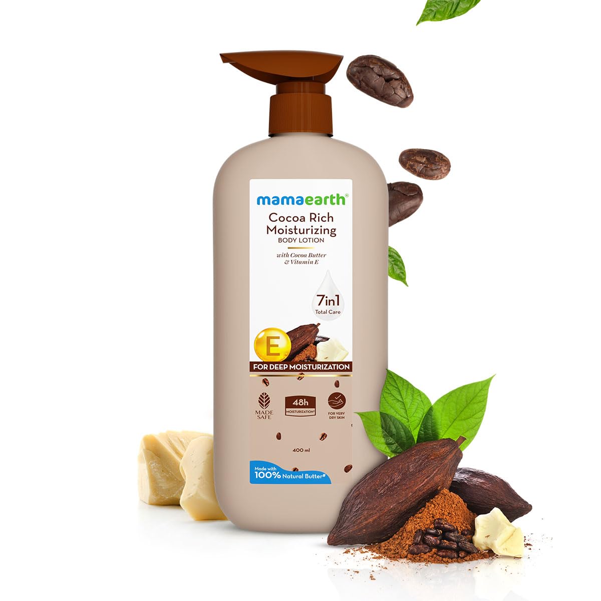 Mamaearth Cocoa Rich Moisturizing Body Lotion with Cocoa Butter & VitaminE for Deep 48H Moisturization 400ml For Very Dry Skin | 7in1 Total Care Benefits | 100% Natural Butter | Non-Greasy Smooth Skin