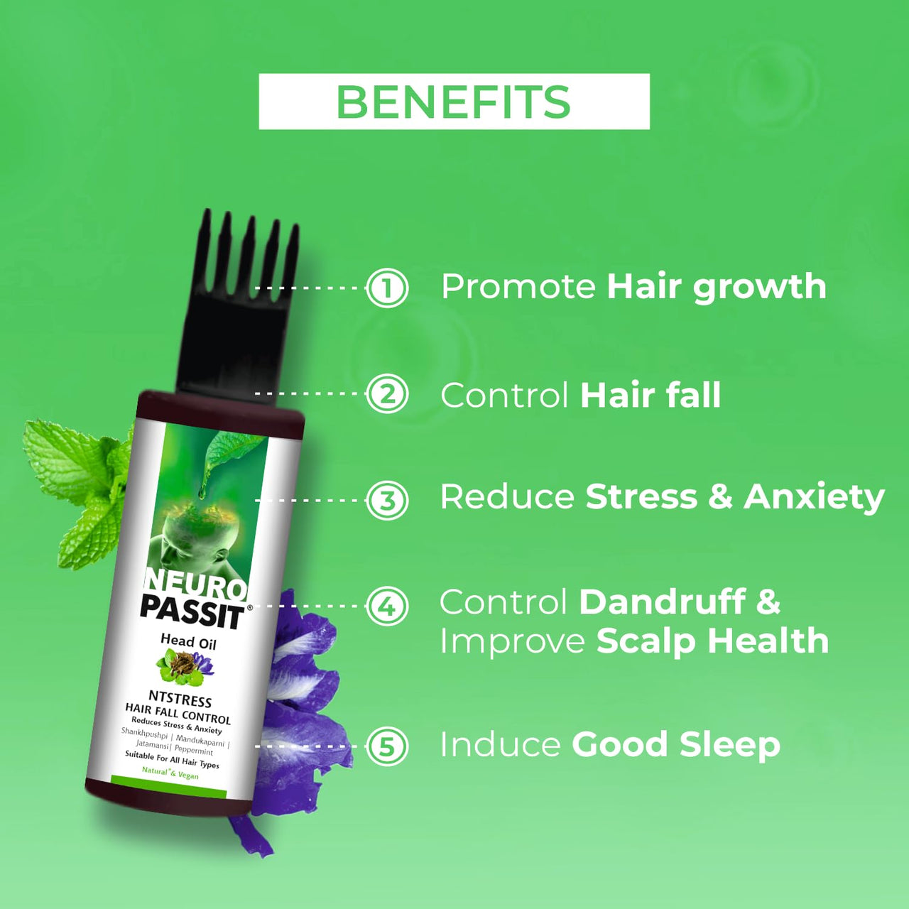 Passion Indulge Natural Neuropassit NTstress Hair fall control & Cooling oil, Reduce Stress & Anxiety | Anti Dandruff | Promote Good Sleep | Natural & Vegan | All Hair Type - 100ml