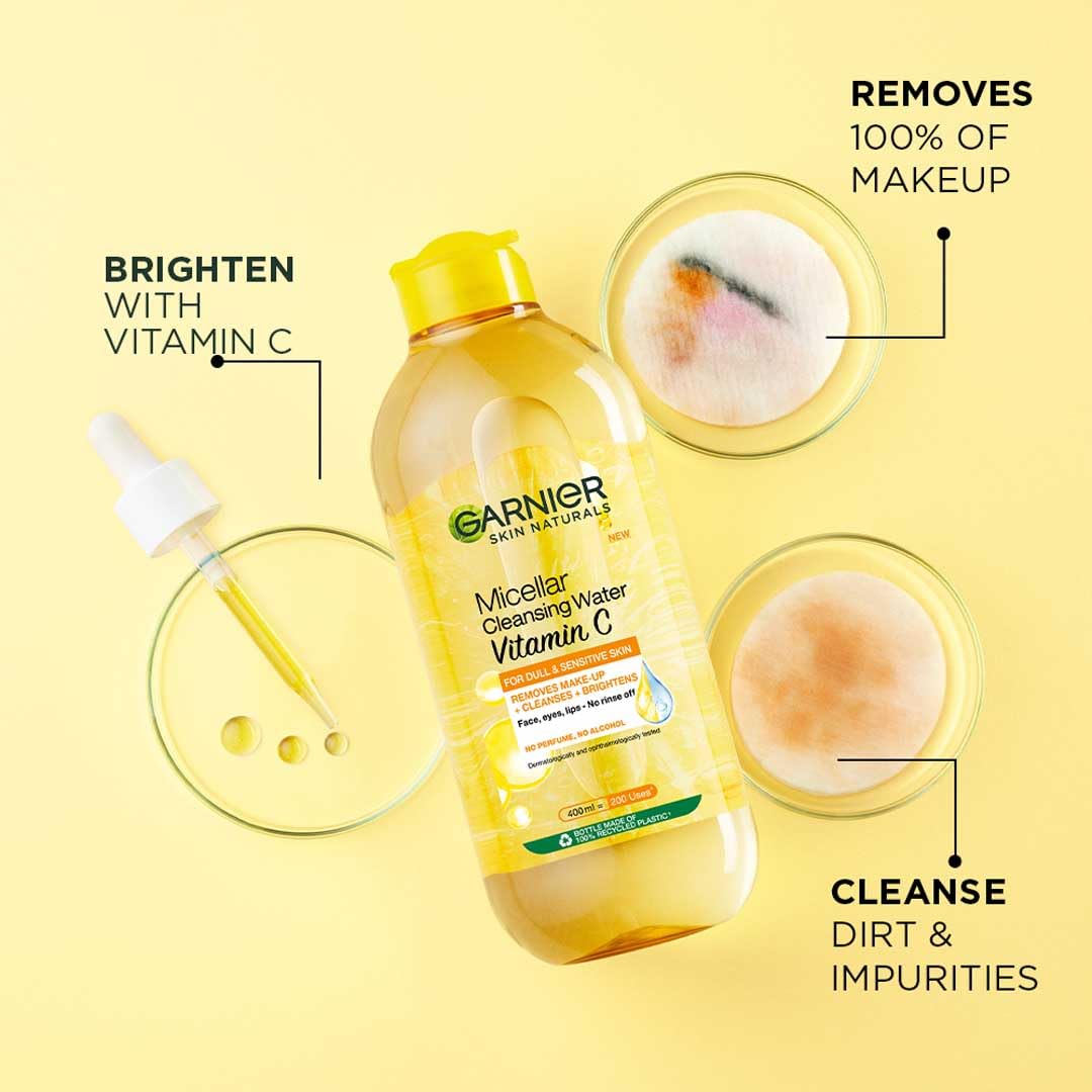 Garnier Vitamin C Micellar Cleansing Water - Anti Pollution Gentle Cleanser For Bright Skin, Dermatologically Tested, Vegan, Suitable For Dull Skin, For Men & Women, Remove 100% Dirt, Pollution, 400ml