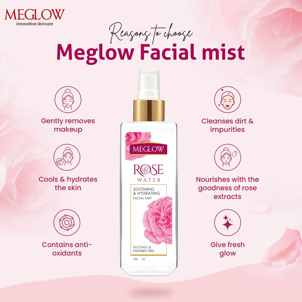 Meglow Pure & Natural Rose Water Spray for Face(Pack of 2)-100ml,Face Mist for Glowing Skin|Gulab Jal For Skin|Face toner|Makeup Remover|Alcohol & Paraben Free| Tighten the Open Pores-for Men & Women