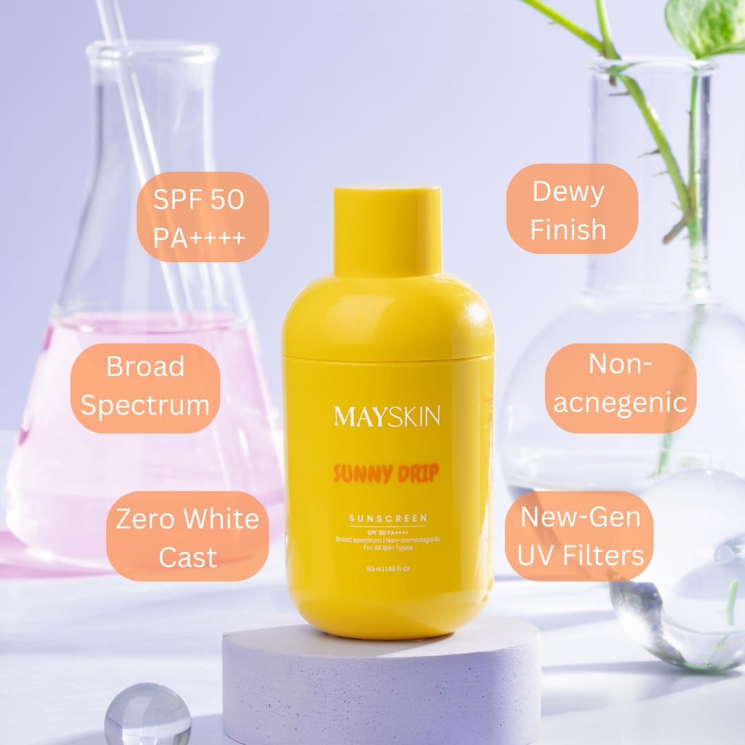 Mayskin Sunny Drip Sunscreen | SPF 50 PA++++ | Bamboo Water + Copper Tripeptide | Broad Spectrum UV Protection | Hydrates, Soothes & Repairs Sun-Stressed Skin | 3-in-1 Sunscreen, Moisturizer & Skincare Treatment | No White Cast | Dermatologist Tested | 50