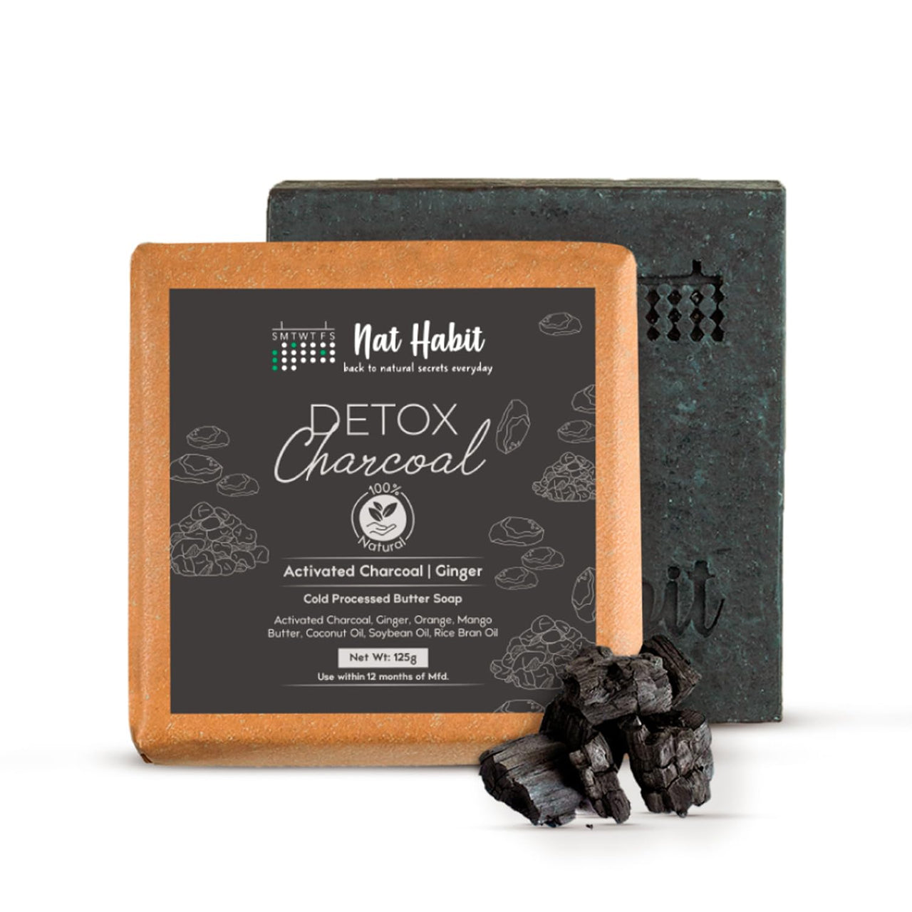 Nat Habit Detox Charcoal Butter Bath Soap With Ayurvedic Cold Processed For Detoxification, Tan Removal, Blackheads &Skin Soothing (125gm)