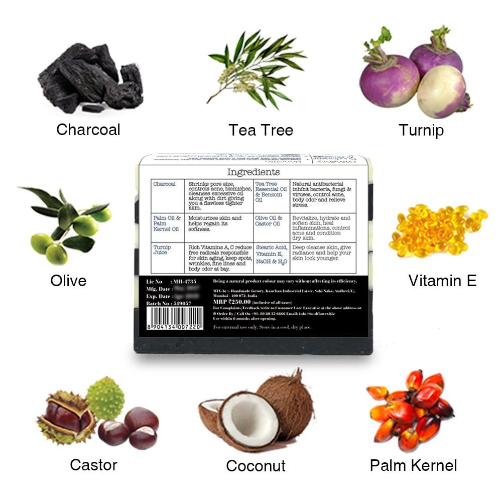 Soulflower Organic Activated Charcoal Soap Men & Women for Detoxifying, Pore Cleansing & Body Odour | 100% Natural, Handmade, Vegan, Vitamin E| 150g