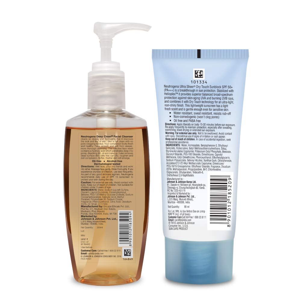 Neutrogena Deep Clean Facial Cleanser with Ultra Sheer Dry Touch Sunblock, Brown, 200 ml (Pack of 2)