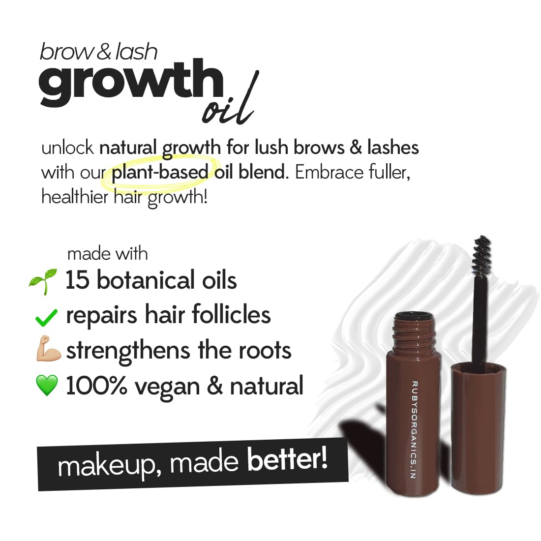 Ruby's Organics Eyelash & Eyebrow Growth Oil for Overnight Use, Organic & Natural, Infused with Rosemary, Bhringraj & Castor Oil, Nourishes & Promotes Hair Growth, Repairs Hair Follicles, Cruelty-Free, 6ml