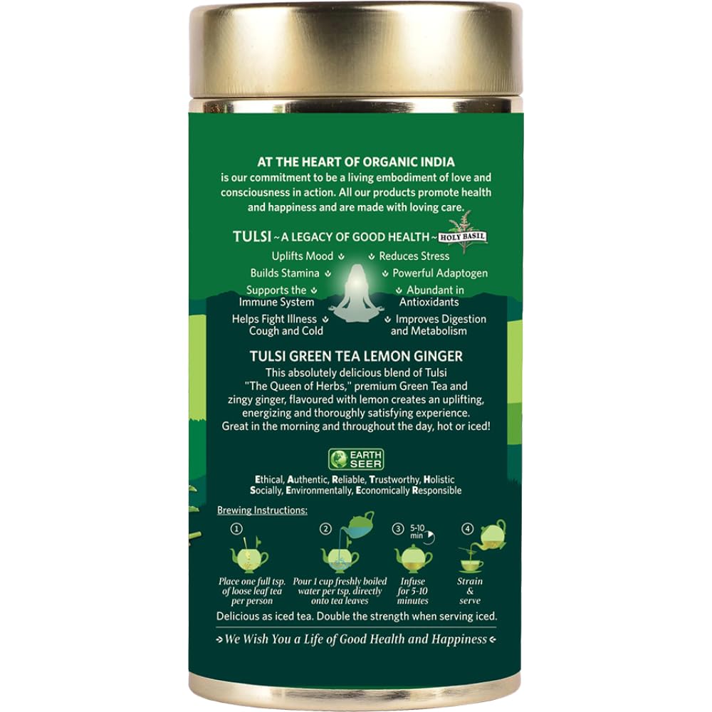 A TATA Product - Organic India Tulsi Green Tea Lemon Ginger - 100g Tin Container, Herbal Blend with Green Tea, Tulsi, Lemon & Ginger, Supports Digestion, Refreshing Taste, Natural Ingredients