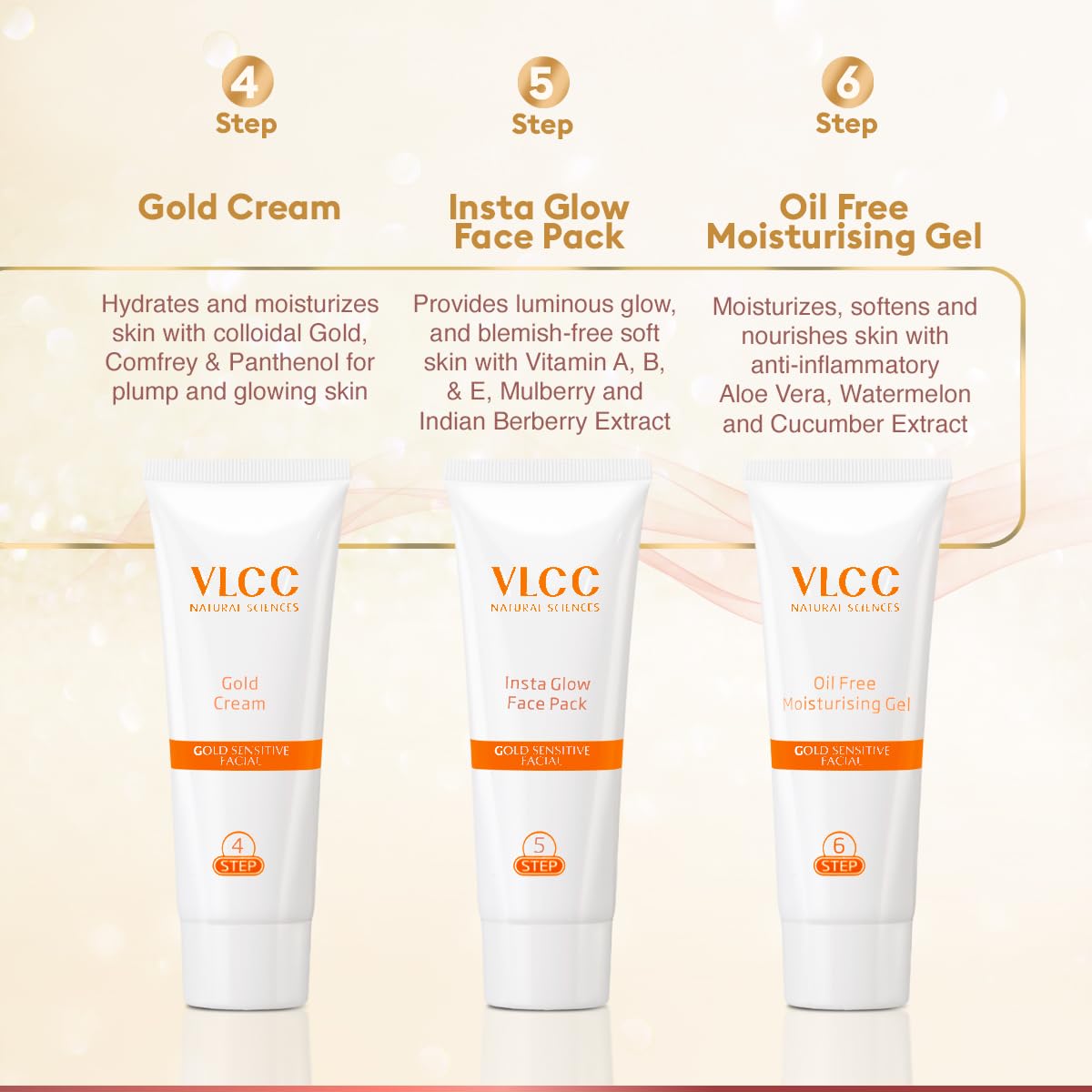 VLCC Gold Facial Kit for Sensitive Skin - 60g | Alcohol & Paraben Free | Enriched with 24K Gold, Hyaluronic Acid & Vitamin C | Safe & Gentle for Sensitive Skin