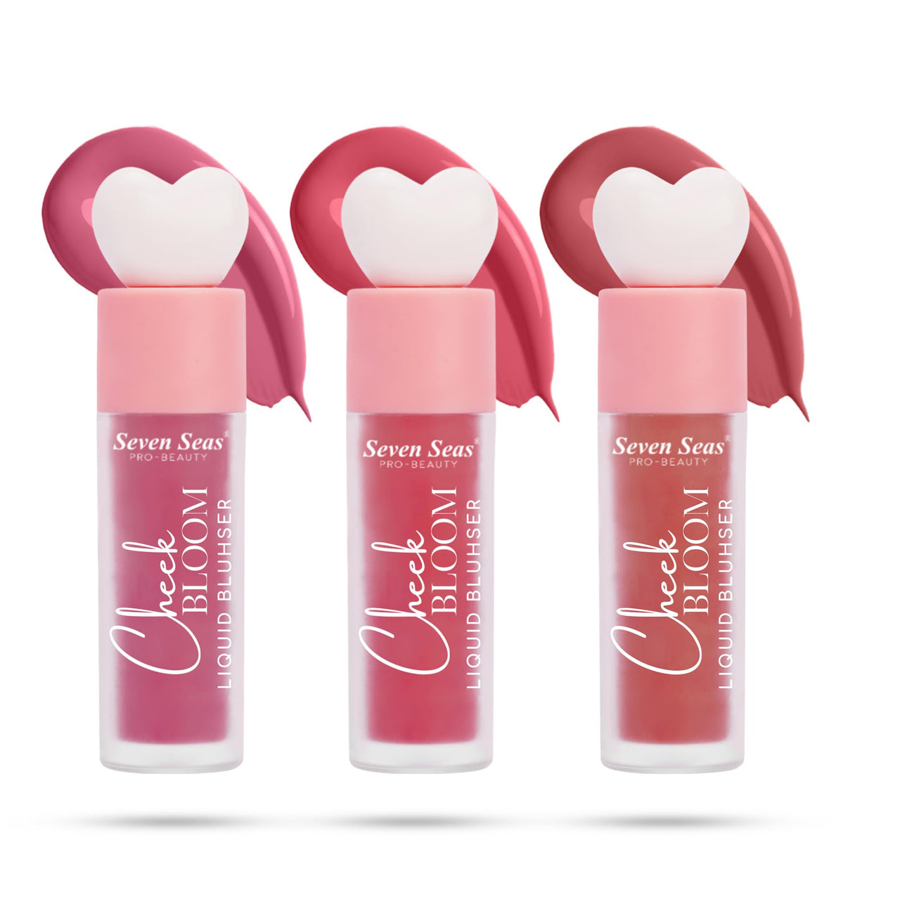Seven Seas Cheek Bloom Liquid Blusher | Long Lasting and Highly Pigmented | Liquid Blusher and Lip Gloss (02-Cheek Pink, 03-Rosy Cheeks, 04-Natural Blush, Pack of 3)