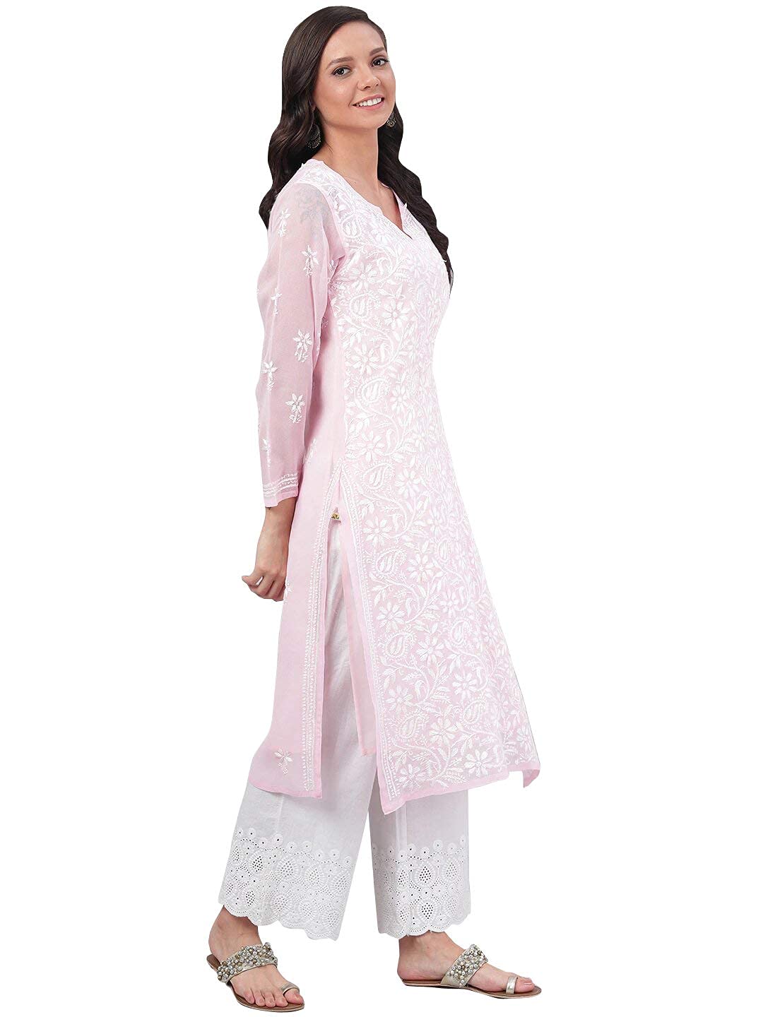 Ada Hand Embroidered Women's  Georgette Lucknowi Chikankari Kurta with Slip A90397 White
