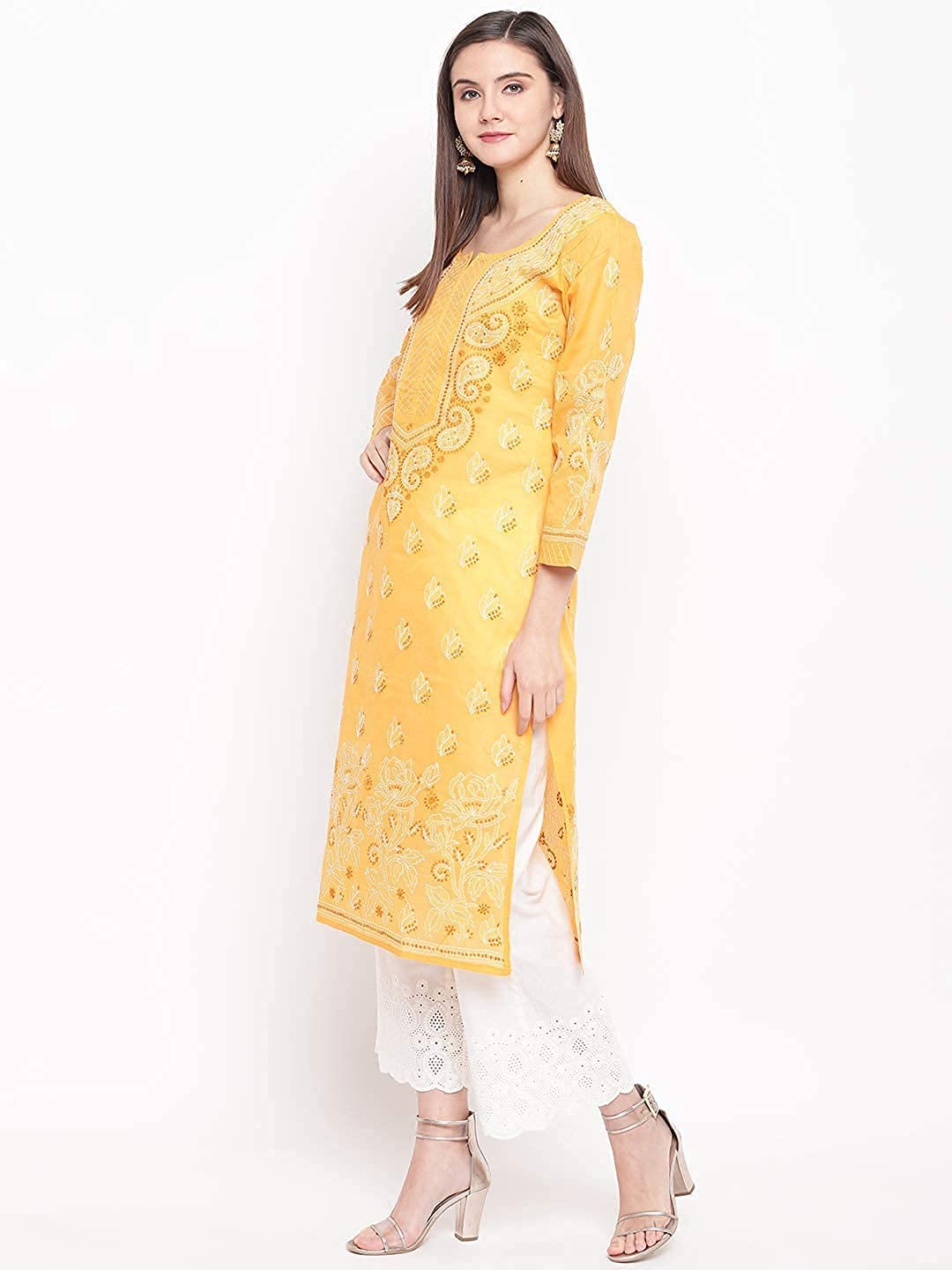 Ada Hand Embroidered Lucknowi Chikankari Straight Cotton Kurti Kurta for Women A220999 White 2XL