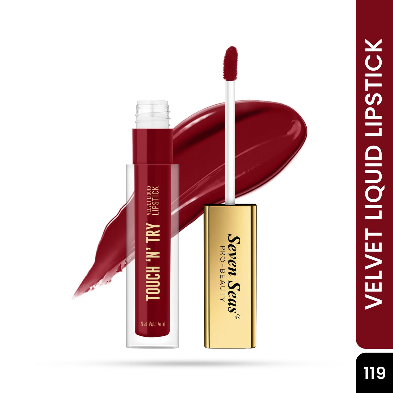 Seven Seas Touch N Try Velvet Liquid Lipstick | Matte Finish | One Swipe Application | Non Transfer | Water Proof | Liquid Lipstick for Women | Long Lasting Stay Up to 8 Hours (19, 4ML)