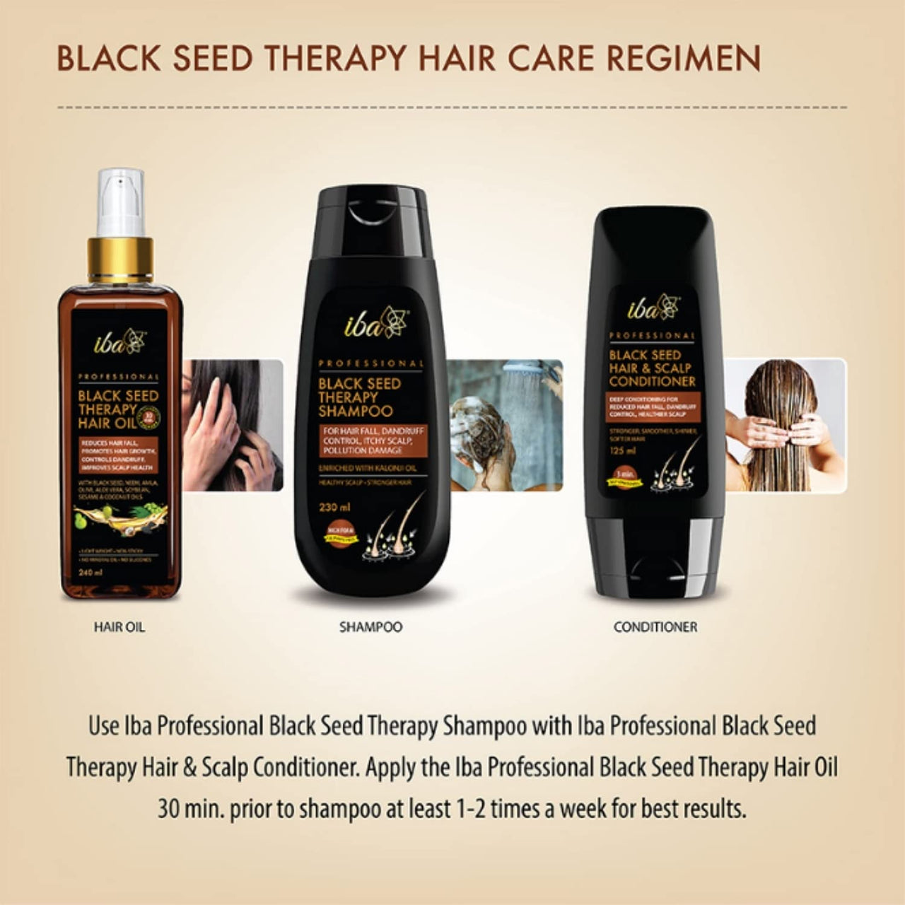 Iba Black Seed Therapy Shampoo, Conditioner, Hair Oil Combo (230 ml + 125 ml + 240 ml) | Kalonji For Hair Fall, Dandruff, Itchy Scalp | No Sulfate No Paraben | Halal Certified & Vegan