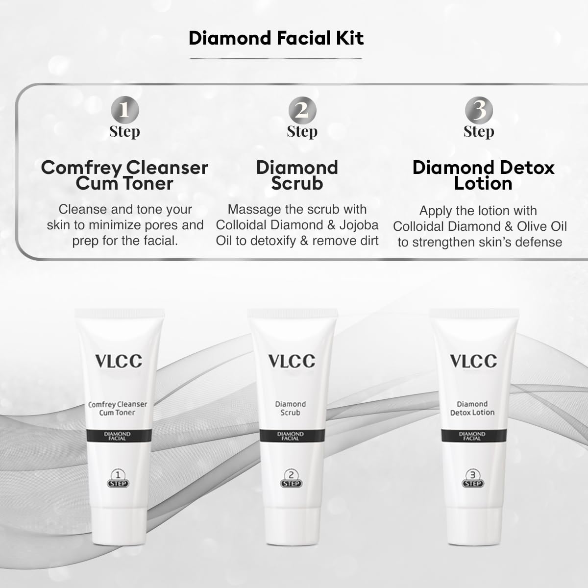 VLCC Diamond Facial Kit - 60g with FREE Vitamin C Serum - 15ml for Skin Purification & Skin Hydration | With Colloidal Diamond, Jojoba Oil, Vitamin C, and Ferulic Acid