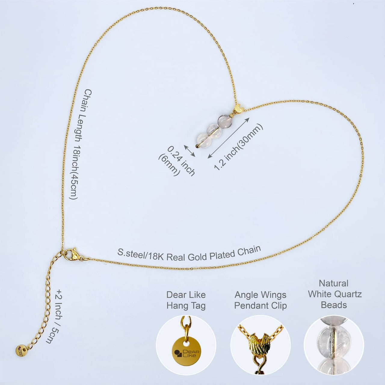 White Crystal Necklace, Gold Necklace for Women, Angel Wing Pendant and Delicate 6MM Ball Beads Handcrafted Pendant, Birthstone Gemstone Necklace for Women, April gift of Healing Soul Necklace White Quartz