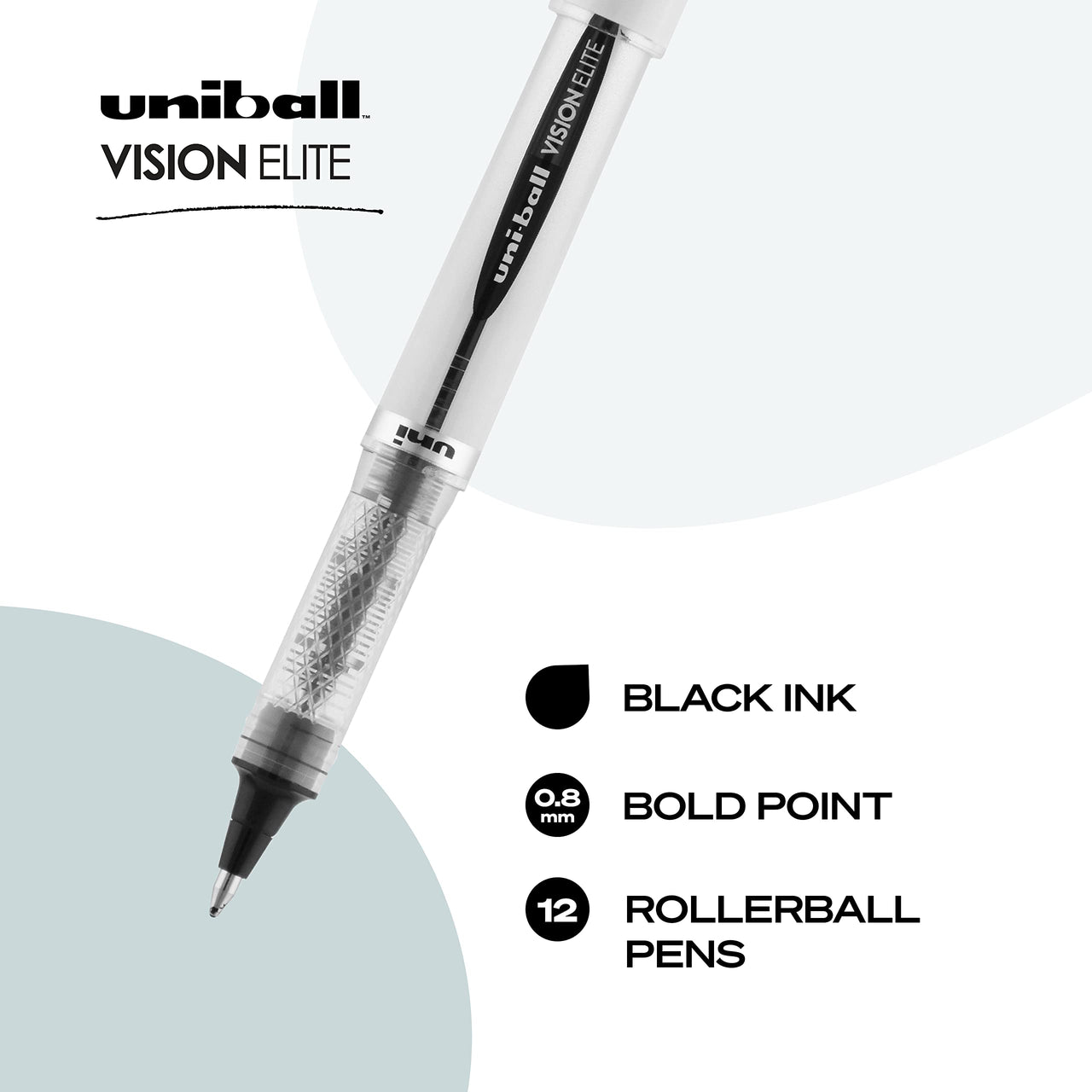 Uniball Vision Elite Rollerball Pens, Black Pens Pack of 12, Bold Pens with 0.8mm Ink, Ink Black Pen, Pens Fine Point Smooth Writing Pens, Bulk Pens, and Office Supplies Bold Point