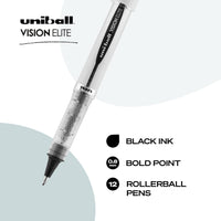 Uniball Vision Elite Rollerball Pens, Black Pens Pack of 12, Bold Pens with 0.8mm Ink, Ink Black Pen, Pens Fine Point Smooth Writing Pens, Bulk Pens, and Office Supplies Bold Point