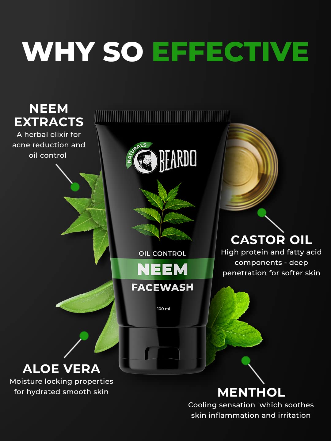 Beardo Purifying Neem Face Wash for Oil Control, 100ml | Soothes & Heals | Daily facewash for men | Face Wash For Oily Skin Acne, Pimple And Oil Control With Glowing Skin