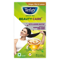 Tetley Green Tea Beauty Care, With Added Biotin, Supports Hair and Skin, 0 Calories, Natural Ginger, Mint and Lemon Flavors, 25 Sachets (1.7 g each)