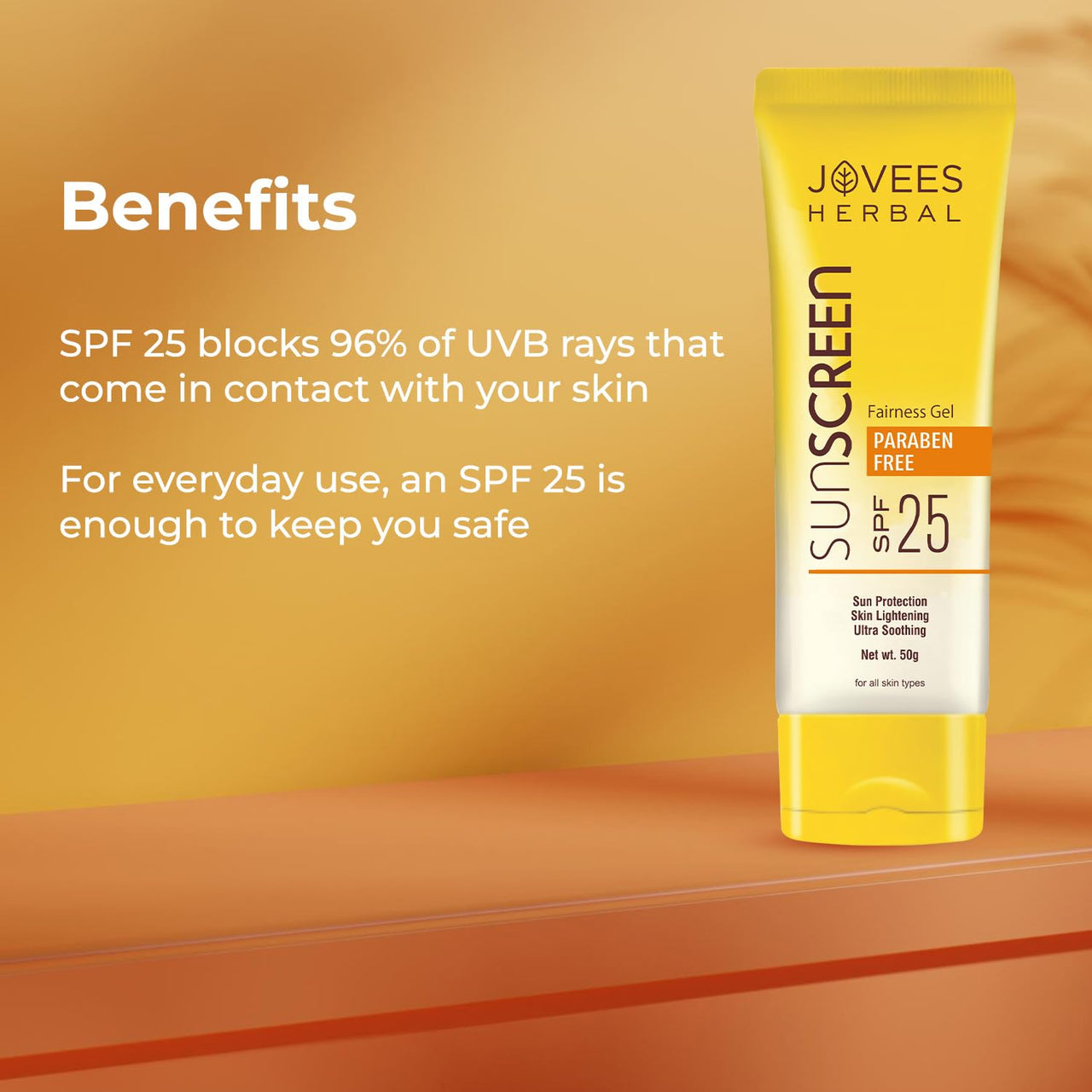 Jovees Herbal Sunscreen Fairness Gel SPF 25 For Tanning & Sun Damage | Oily, Sensitive, Dry Skin | Sunscreen For protect Your Skin with Lightweight & No White Cast Formula | Women/Men 50g (Pack of 2)