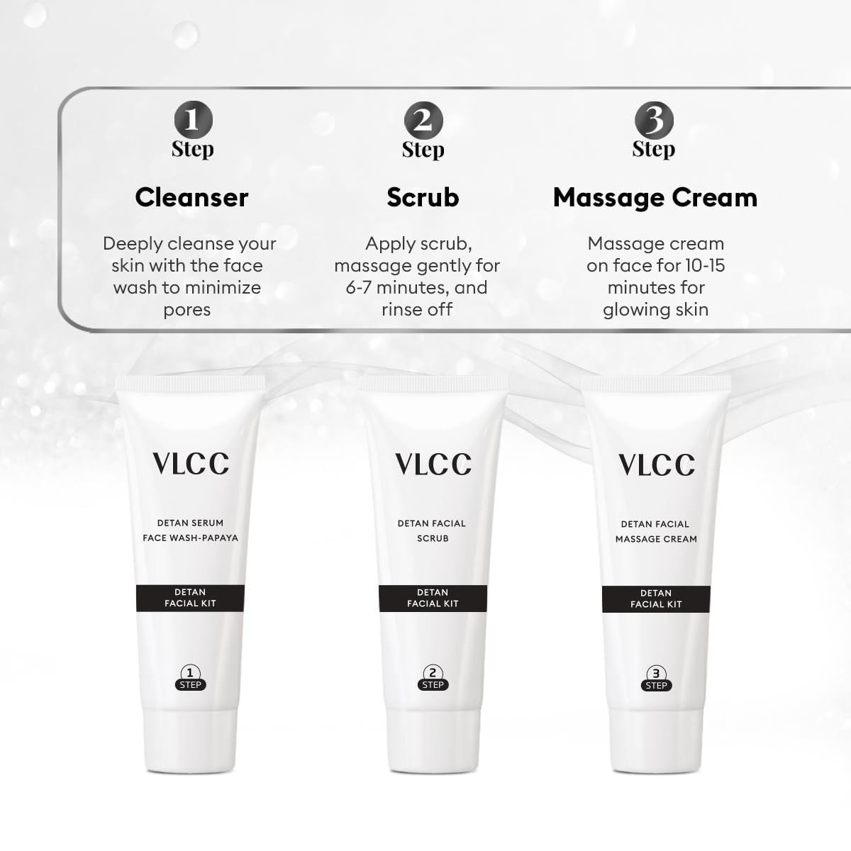 VLCC De-Tan Facial Kit - 180g (150g+30ml) | For Tan Removal | Hydrates, Helps Removes Dark Spots, Pigmentation, Pores, Blackheads & Whiteheads | With SPF 15+ Moisturizer