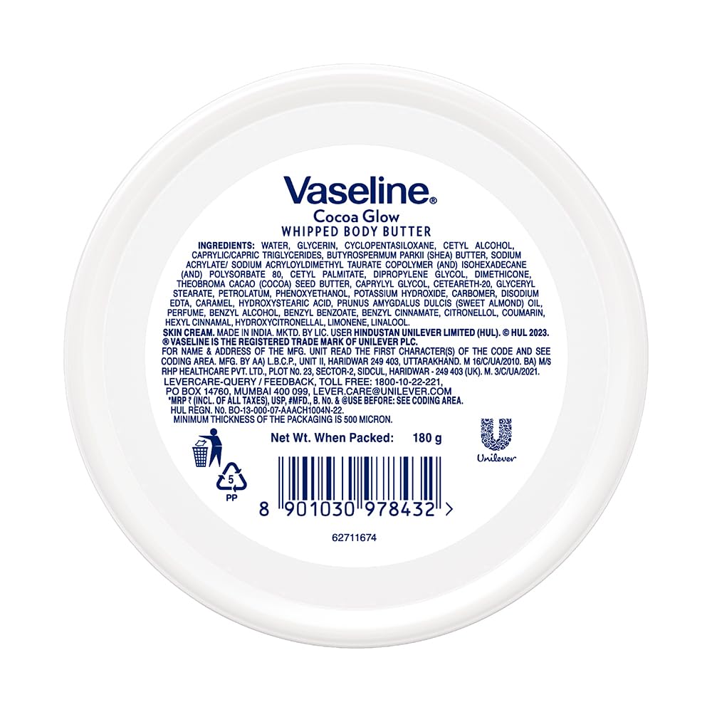 Vaseline Cocoa Glow Whipped Body Butter, 180 g. Cocoa & Shea Butter for Glowing Soft Skin