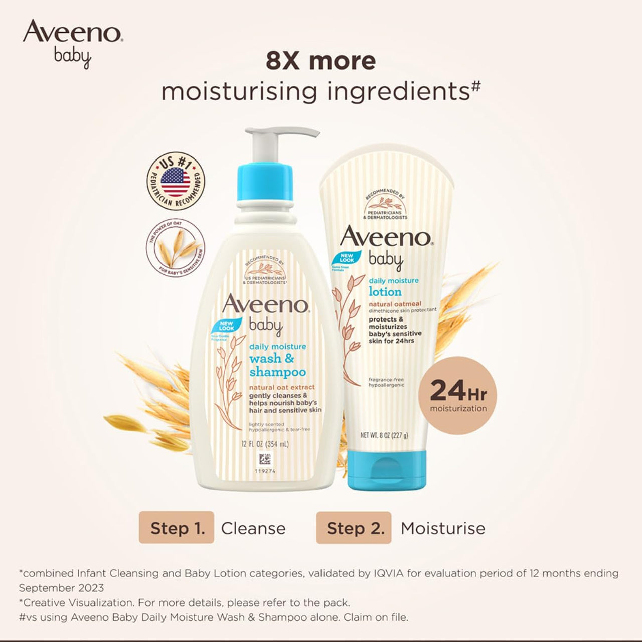 Aveeno Baby Daily Moisture Wash and Shampoo (354ml) | Cleanses hair & body | Oat kernel extract & glycerin | Tear-free, soap-free, paraben-free, hypoallergenic | US #1 Pediatrician recommended