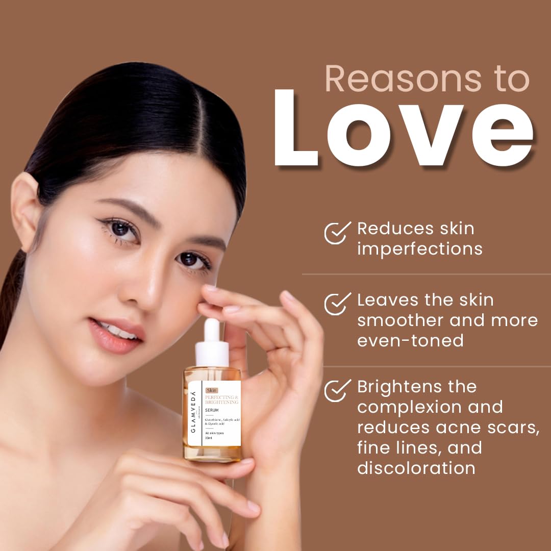 Glamveda Glutathione Skin Perfecting Face Serum with 2% ww Glycolic acid, 1% ww Salicylic acid for Glowing Skin | Brightening and Lightening Serum | 30ml