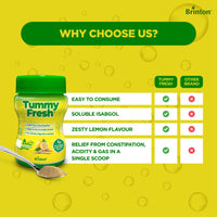 Brinton Tummy Fresh To Relief From Constipation, Gas & Acidity | Improves Digestion | Soluble Isabgol | Effervescent | Zesty Lemon Flavour (Sugar-Free) - 100g
