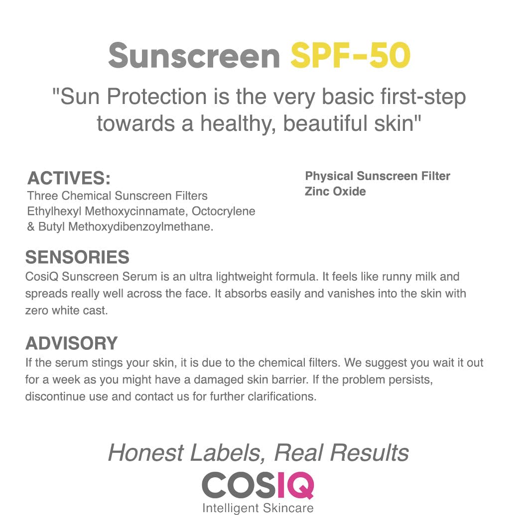 Cos-IQ India’s Only Hybrid, Serum-Based Sunscreen - SPF 50 | No White Cast | Broad Spectrum PA ++++ | For Women & Men (200ml, 60 Days Pack)