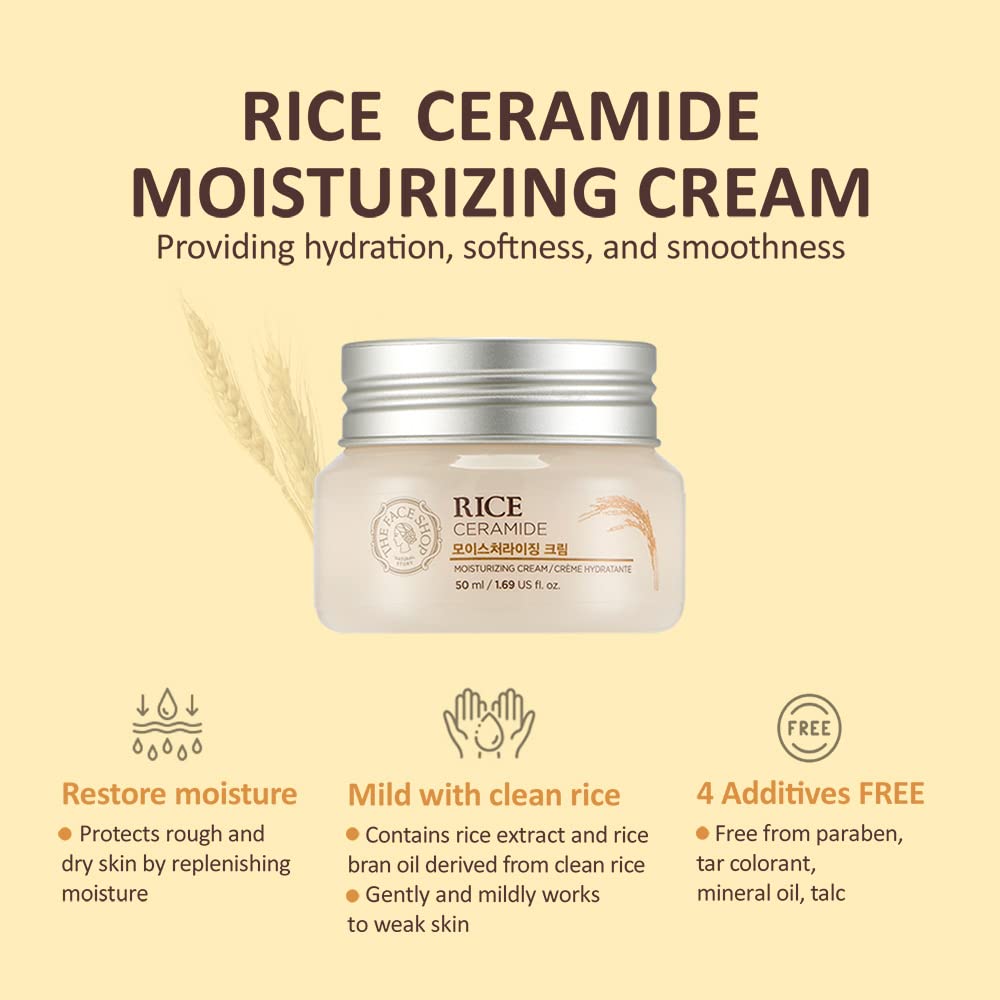 The Face Shop Rice & Ceramide Moisturizing Cream with Rice Extracts for Skin Brightening | Ceramide Moisturizer For Skin Barrier Repair | Paraben & Paraffins Free, Korean skin care products, 50ml