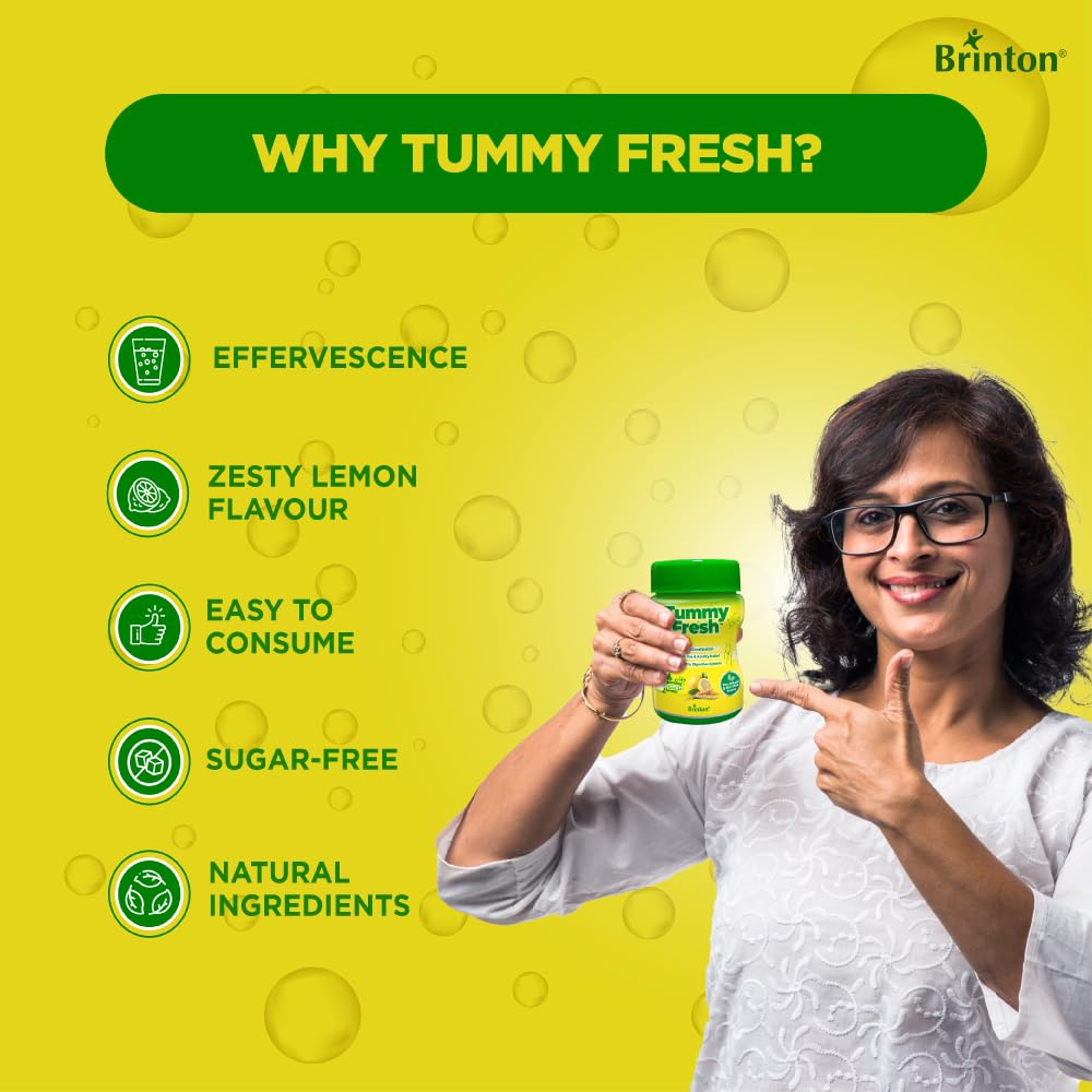 Brinton Tummy Fresh To Relief From Constipation, Gas & Acidity | Improves Digestion | Soluble Isabgol | Effervescent | Zesty Lemon Flavour (Sugar-Free) - 100g