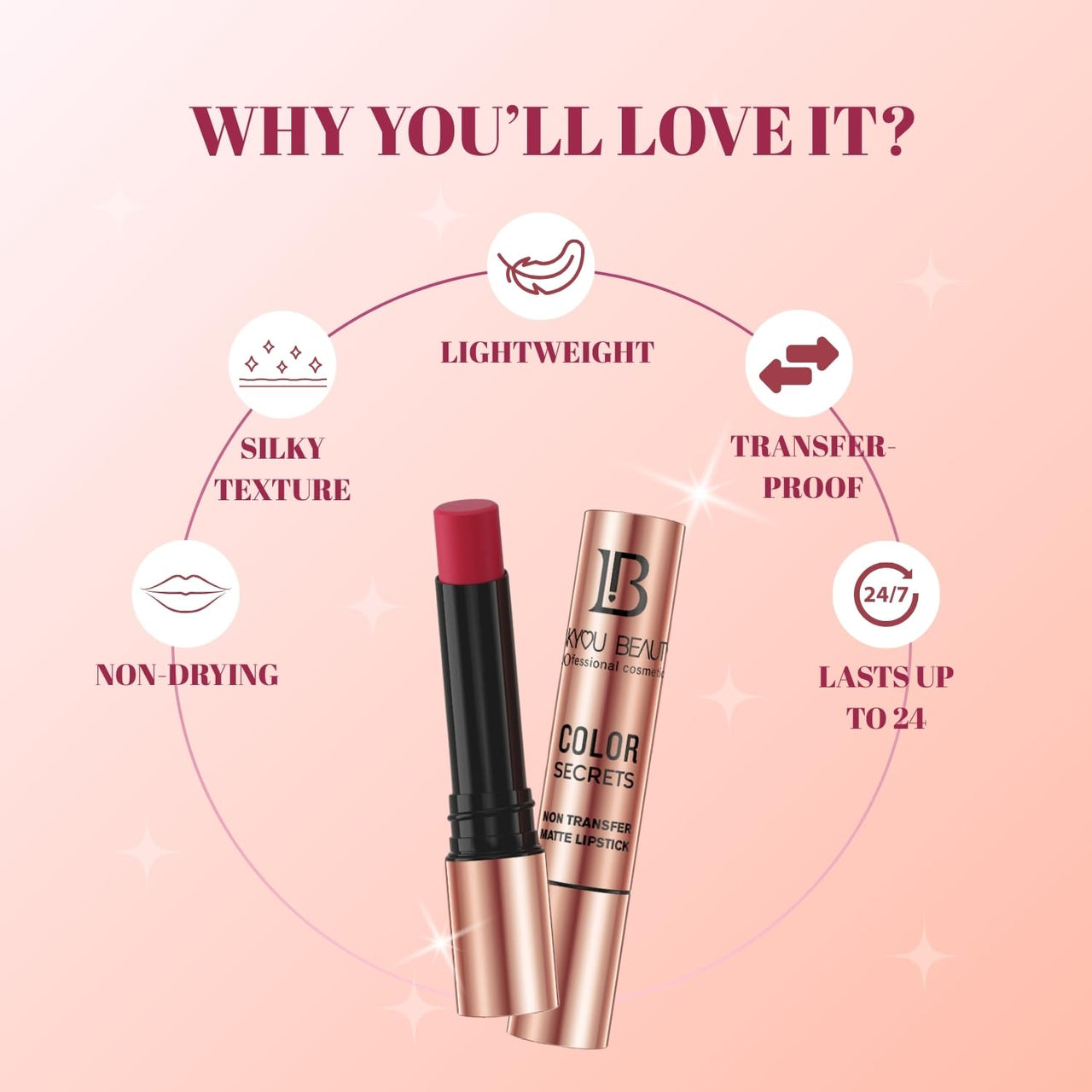 Lakyou Beauty Color Secrets | Non-Transfer Matte Lipstick | Bold Red | Long Lasting Wear | 4g | (B24(Wine))