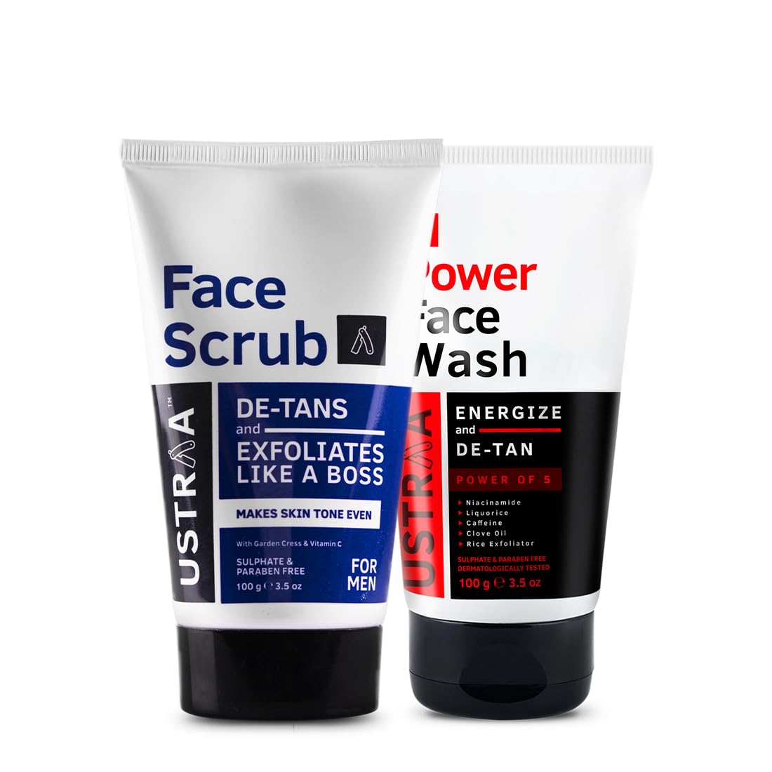 Ustraa De-Tan Face Scrub for Men - 100g | Exfoliation & Effective Tan Removal | No SLS & Power Face Wash - 100g - Energize & De-Tan | Dermatologically Tested | Removes Dead Skin, Brightens Skin