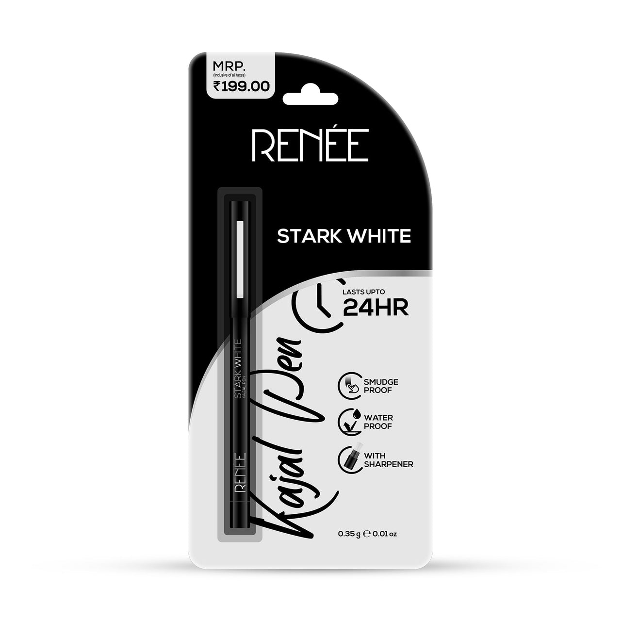 RENEE Kajal Pen with Sharpener - Stark White 0.35gm 24 Hrs Stay Long Lasting Kohl Pencil, Matte Finish, Rich Color Payoff, Smudge & Water Proof with One Swipe Application Formula