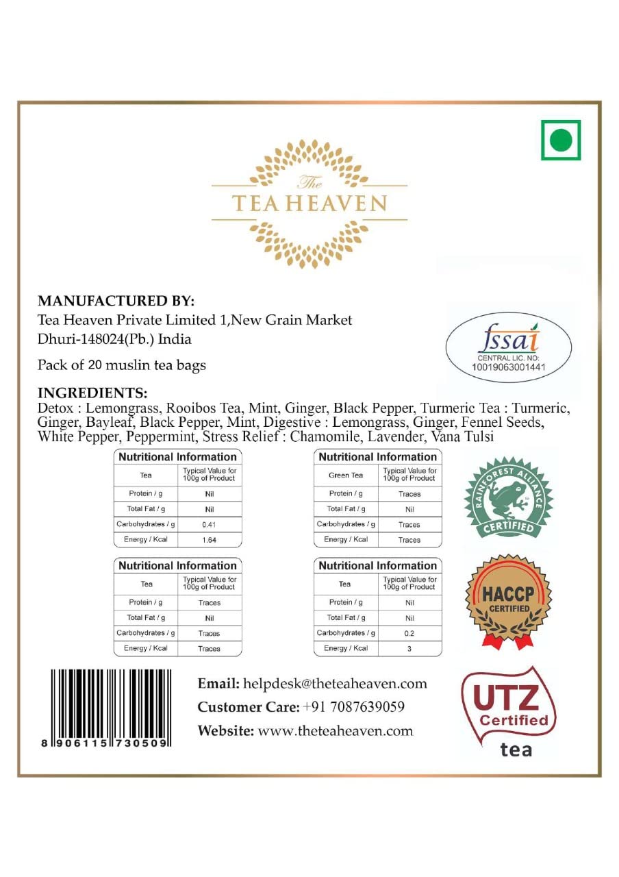 The Tea Heaven | Tea Gift - Wellness Herbal Tea Collection -4 Types Of Tea(Detox, Digestive, Stress Relief, Turmeric Tea) Overall Health Of Body- 100% Natural Ingredients- 20 Tea Bags, 110 Gm