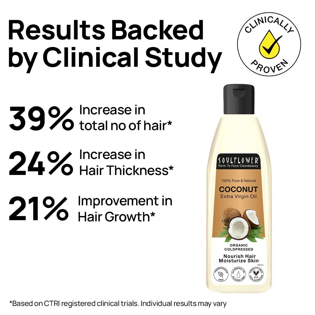 Soulflower Extra Virgin Coconut Oil | Clinically Proven for Hair Growth, Moisturizer, Damage Repair, Anti-Frizz, Baby & Body Massage | 100% Pure, Ecocert Organic Certified, No Mineral Oil, 120ml