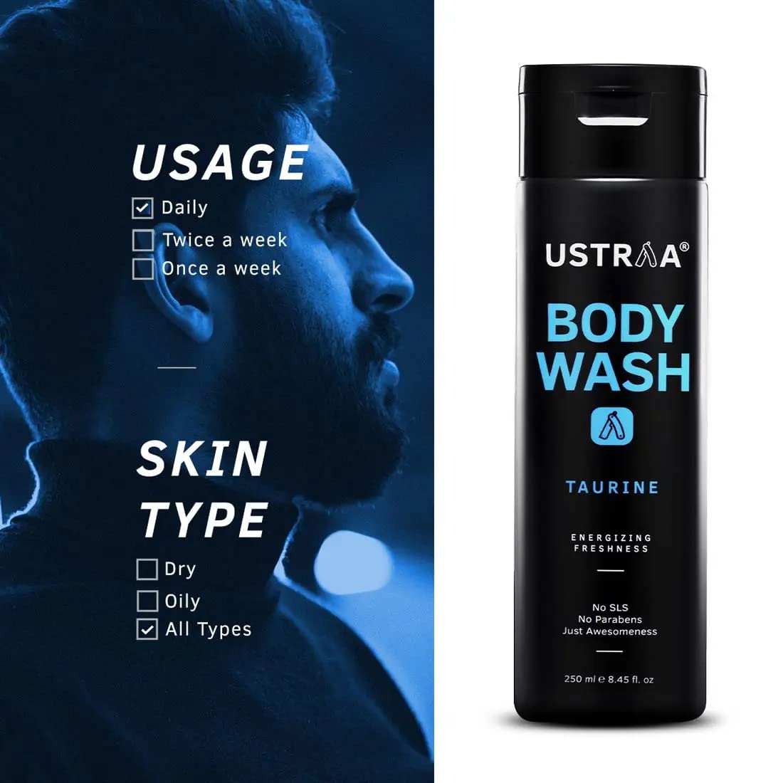 Ustraa Body Wash - Taurine - 2 x 250 ml (Pack of 2) - For Men | Menthol Cooling, Energizing freshness & No Post-Shower Dryness, Intense Foaming without Sulphates | Suitable for all Skin Types