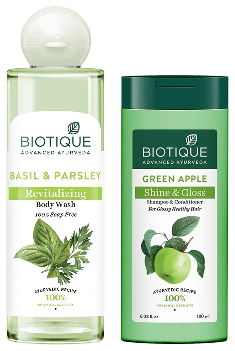 Biotique Bio Green Apple Fresh Daily Purifying Shampoo and Conditioner for Oily Scalp and Hair, 180m And Biotique Basil & Parsley Body Wash, Transparent, 200 ml