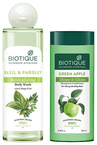 Biotique Bio Green Apple Fresh Daily Purifying Shampoo and Conditioner for Oily Scalp and Hair, 180m And Biotique Basil & Parsley Body Wash, Transparent, 200 ml