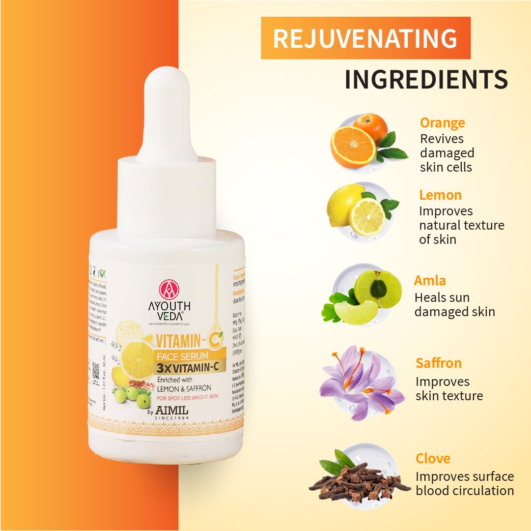 Ayouthveda Vitamin-C Face Serum Enriched With Lemon & Saffron For Spot Less & Blemish Free Skin 30ml