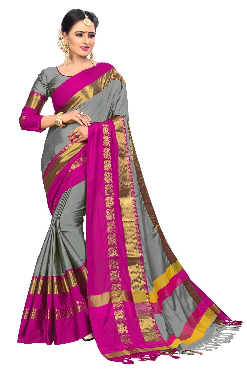 PAREVDEE Women's  Dobby Cotton Saree With Blouse Piece