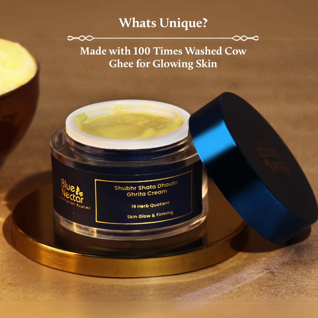 Blue Nectar Shata Dhauta Ghrita Face Cream for Men | 100 Times Washed Ghee Lightweight Men Face Cream for Skin Firming & Naturally Glowing Skin (19 Herbs, 50g)