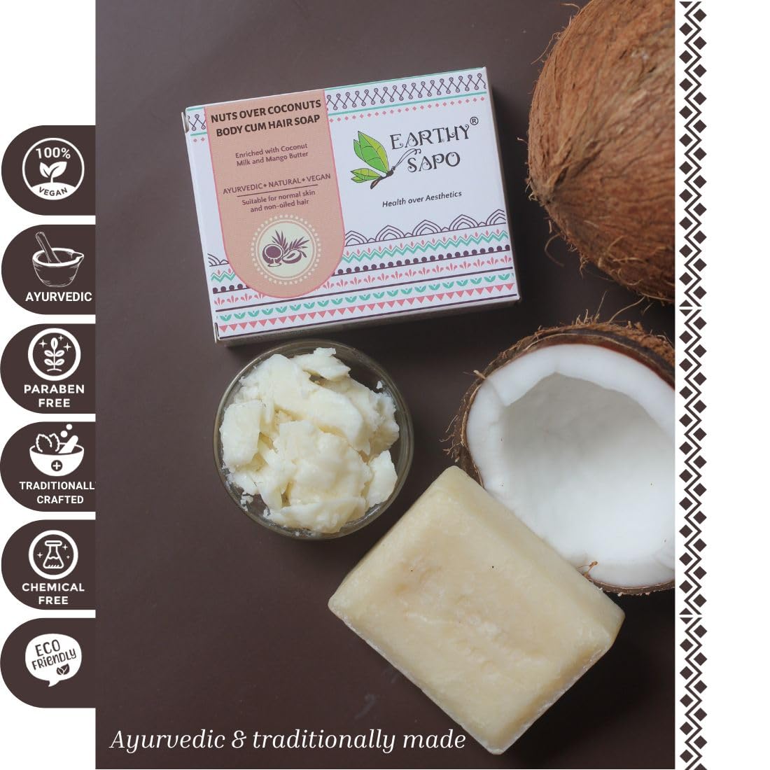Earthy Sapo Handmade Nuts Over Coconuts Body and Hair Soap | Coconut Milk & Mango Butter Blend for Nourishing Skin and Hair Care | Multipurpose Use | 100g (Pack of 3)